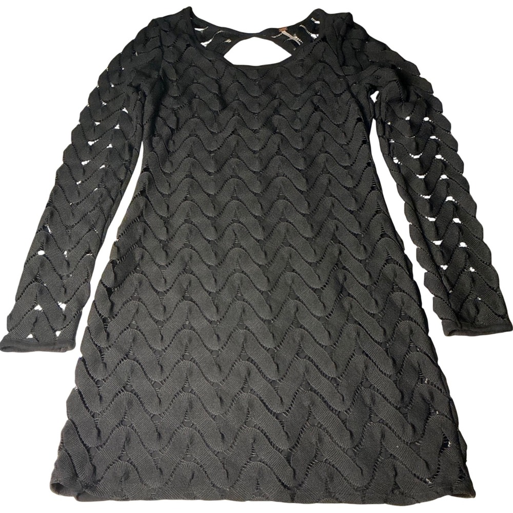 Free People Crochet Knit Mini Dress Long Sleeve Cutout Back Black